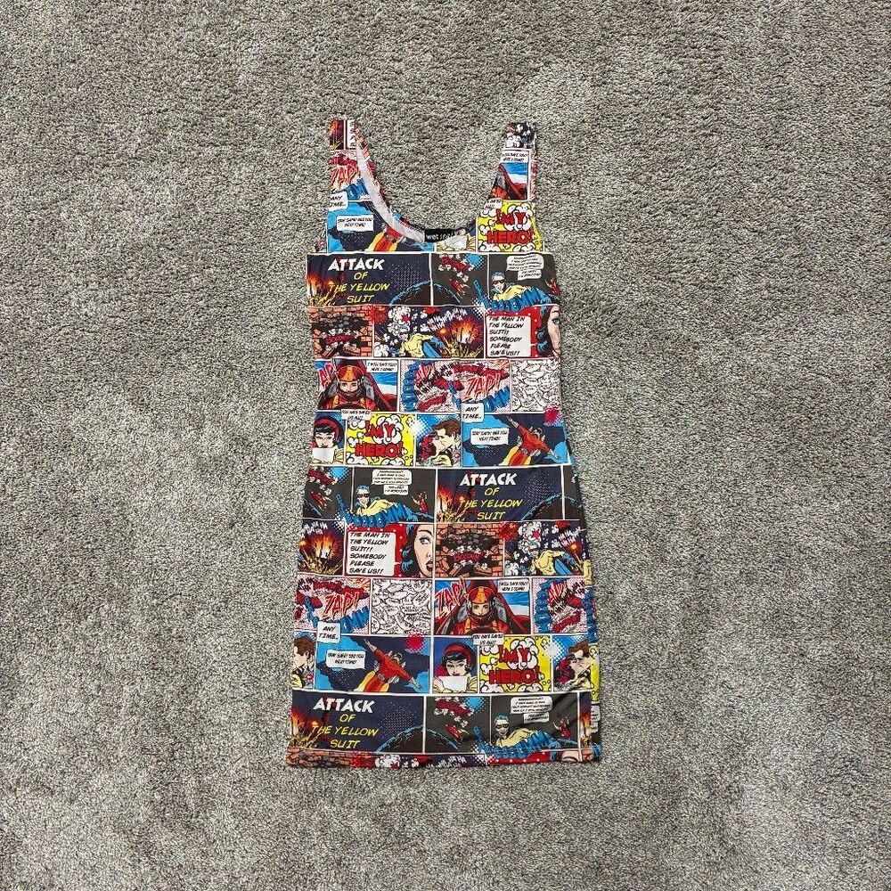 VTG Wet Seal Y2K Mini Tank Dress Small Comic Strip Superhero Print Bodycon Mall